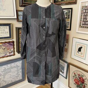 Gudrun Sjoden Black Green White Geometric Linen Print Button-Down Dress Size S